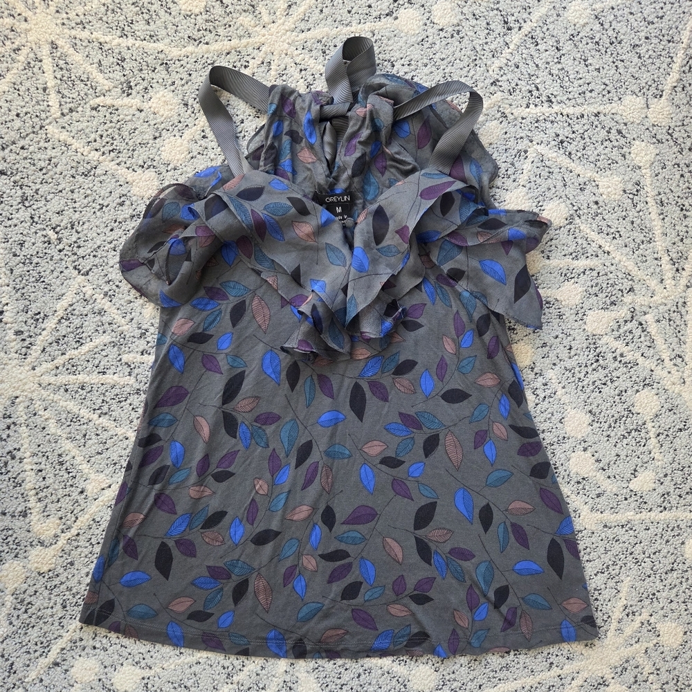 Anthropologie Greylin leaf print tank with ruffle neckline Boho - Picture 2 of 14